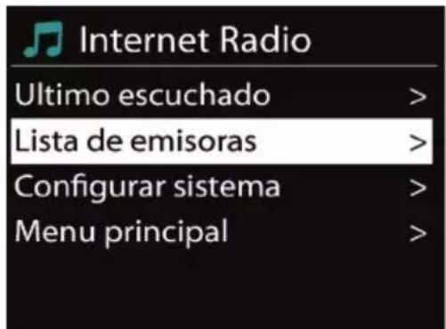 Internet Radio Ultimo escuchado > Lista de emisoras > Configurar sistema > Menu principal >