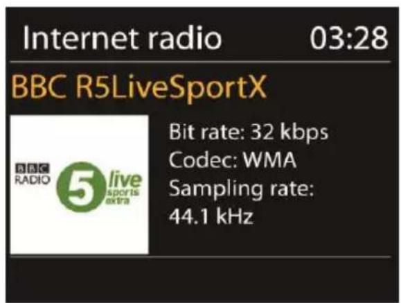 Internet radio 03:28 BBC R5LiveSportX BIT rate: 32 kbps Codec: WMA Sampling rate: 44.1 kHz
