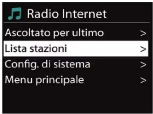 Radio Internet Ascoltato per ultimo > Lista stazioni > Config. di sistema > Menu principale >
