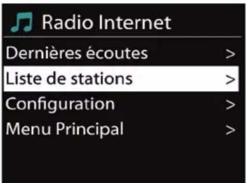Radio Internet Dernières écoutes > Liste de stations > Configuration > Menu Principal >