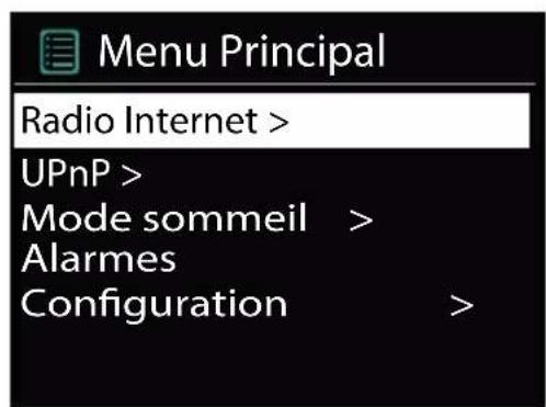Menu Principal Radio Internet > UPnP > Mode sommeil > Alarmes Configuration >