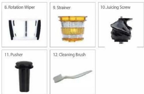 8. Rotation Wiper 9. Strainer 10. Juicing Screw 11. Pusher 12. Cleaning Brush