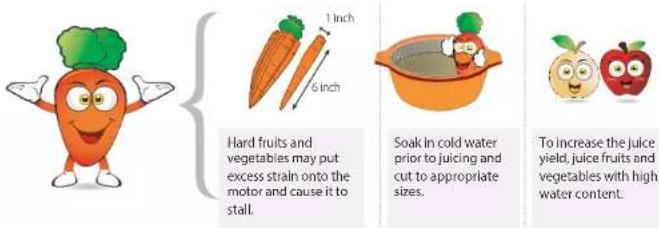 Hard fruits and vegetables may put excess strain onto the motor and cause it to stall. Soak in cold water prior to juicing and cut to appropriate sizes. To increase the juice yield, juice fruits and vegetables with high water content.
