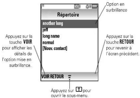 Répertoire another long jeff long name normal [Nouv. contact] Option en surbrillance Appuyez sur la touche VOIR pour afficher les détails de l'option mise en surbrillance. Appuyez sur la touche RETOUR pour revenir à l'écran précédent. VOIR RETOUR Appuyez sur E pour ouvrir le sous-menu.