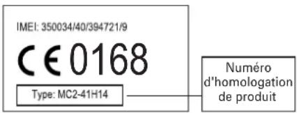 IMEI: 350034/40/394721/9 CE0168 Type: MC2-41H14 Numéro d'homologation de produit