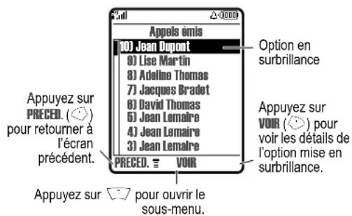 Appels émis 10) Jean Dupont 9) Lise Martin 8) Adeline Thomas 7) Jacques Bradet 6) David Thomas 5) Jean Lemaire 4) Jean Lemaire 3) Jean Lemaire PRECED. ≡ VOIR Appuyez sur PRECED. (◇) pour retourner à l'écran précédent. Appuyez sur ▼ pour ouvrir le sous-menu. Option en surbrillance Appuyez sur VOIR (◇) pour voir les détails de l'option mise en surbrillance.