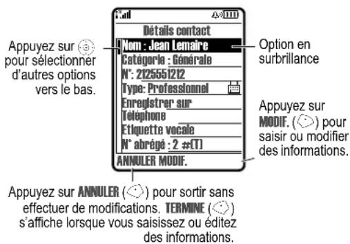 Appuyez sur 📍 pour sélectionner d'autres options vers le bas. Détails contact Nom : Jean Lemaire Catégorie : Générale N°: 2125551212 Type: Professionnel Enregistrer sur Téléphone Etiquette vocale N° abrégé : 2 #(T) ANNULER MODIF. Option en surbrillance Appuyez sur MODIF. (○) pour saisir ou modifier des informations. Appuyez sur ANNULER (○) pour sortir sans effectuer de modifications. TERMINE (○) s'affiche lorsque vous saisissez ou éditez des informations.