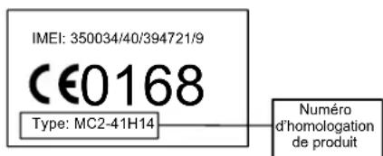 IMEI: 350034/40/394721/9 CE0168 Type: MC2-41H14 Numéro d'homologation de produit