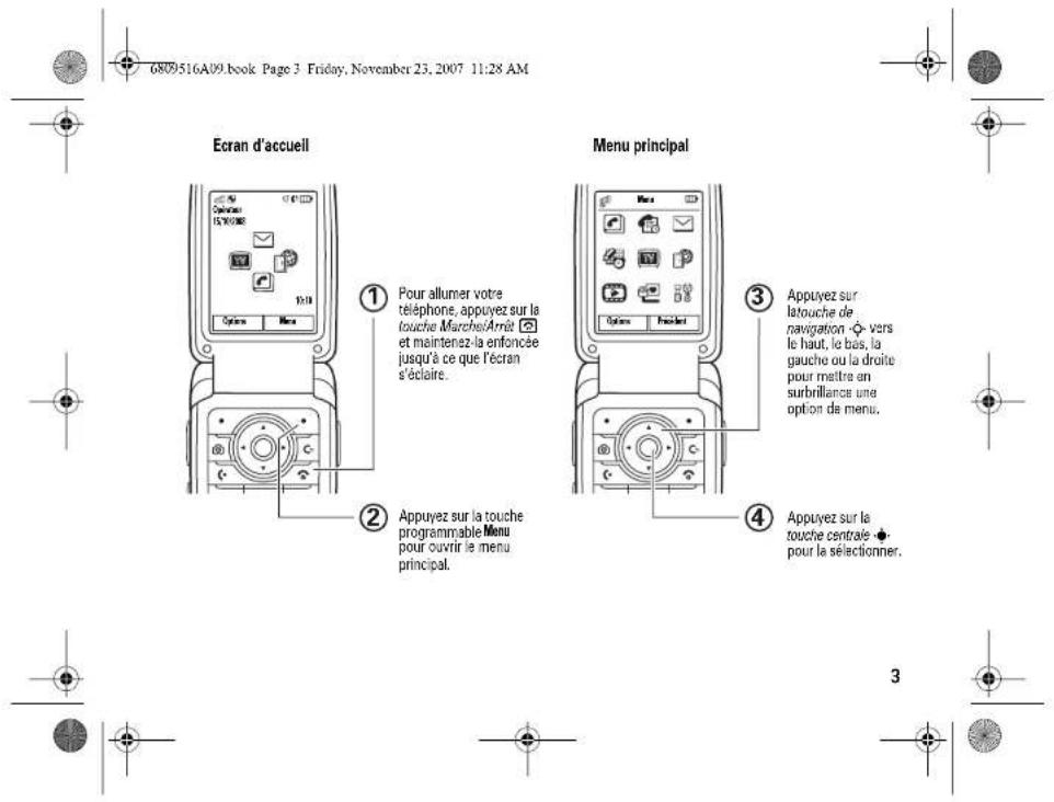 6809516A09.book Page 3 Friday, November 23, 2007 11:28 AM Ecran d'accueil ① Pour allumer votre téléphone, appuyez sur la touche Marche/Arrêt et maintenez la enfoncée jusqu'à ce que l'écran s'éclaire. ② Appuyez sur la touche programmable Menu pour ouvrir le menu principal. Menu principal ③ Appuyez sur latouche de navigation vers le haut, le bas, la gauche ou la droite pour mettre en surbrillance une option de menu. ④ Appuyez sur la touche centrale pour la sélectionner.