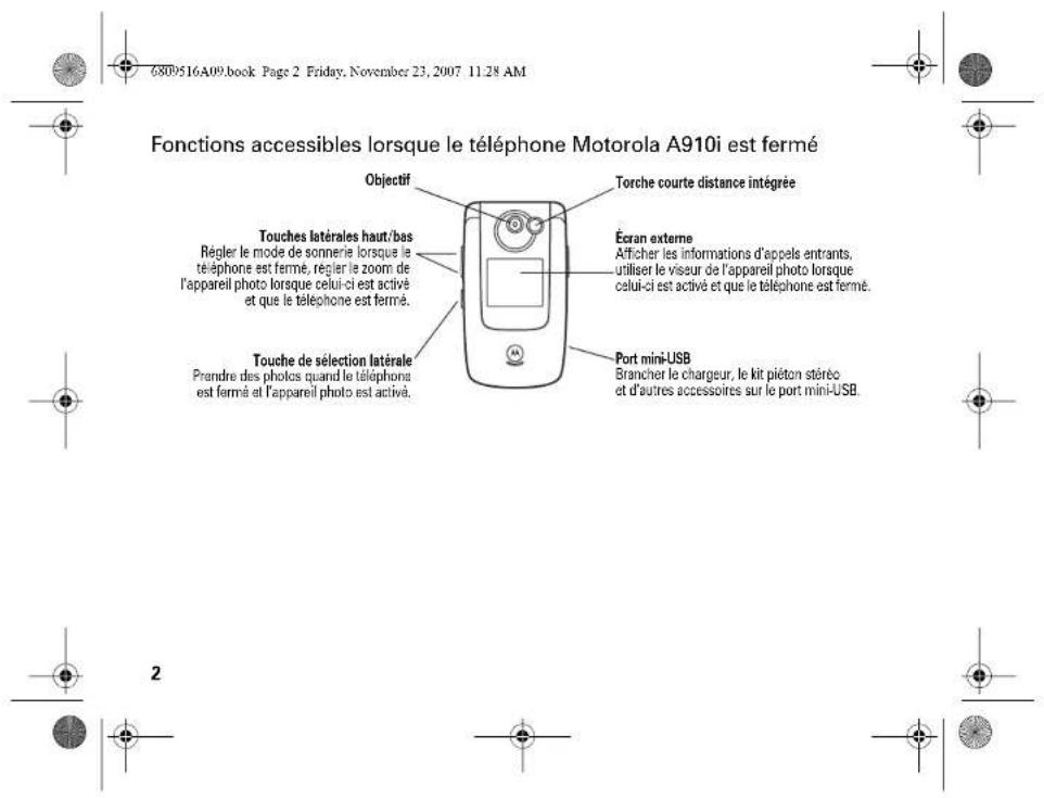 6809516A09.book Page 2 Friday, November 23, 2007 11:28 AM Fonctions accessibles lorsque le téléphone Motorola A910i est fermé Objectif Torche courte distance intégrée Touches latérales haut/bas Régler le mode de sonnerie lorsque le téléphone est fermé, régler le zoom de l'appareil photo lorsque celui-ci est activé et que le téléphone est fermé. Écran externe Atticher les informations d'appels entrants, utiliser le visseur de l'appareil photo lorsque celui-ci est activé et que le téléphone est fermé. Port mini-USB Brancher le chargeur, le kit piéton stéréo et d'autres accessoires sur le port mini-USB. Touches de sélection latérale Prandre des photos quand le téléphone est fermé et l'appareil photo est activé. 2
