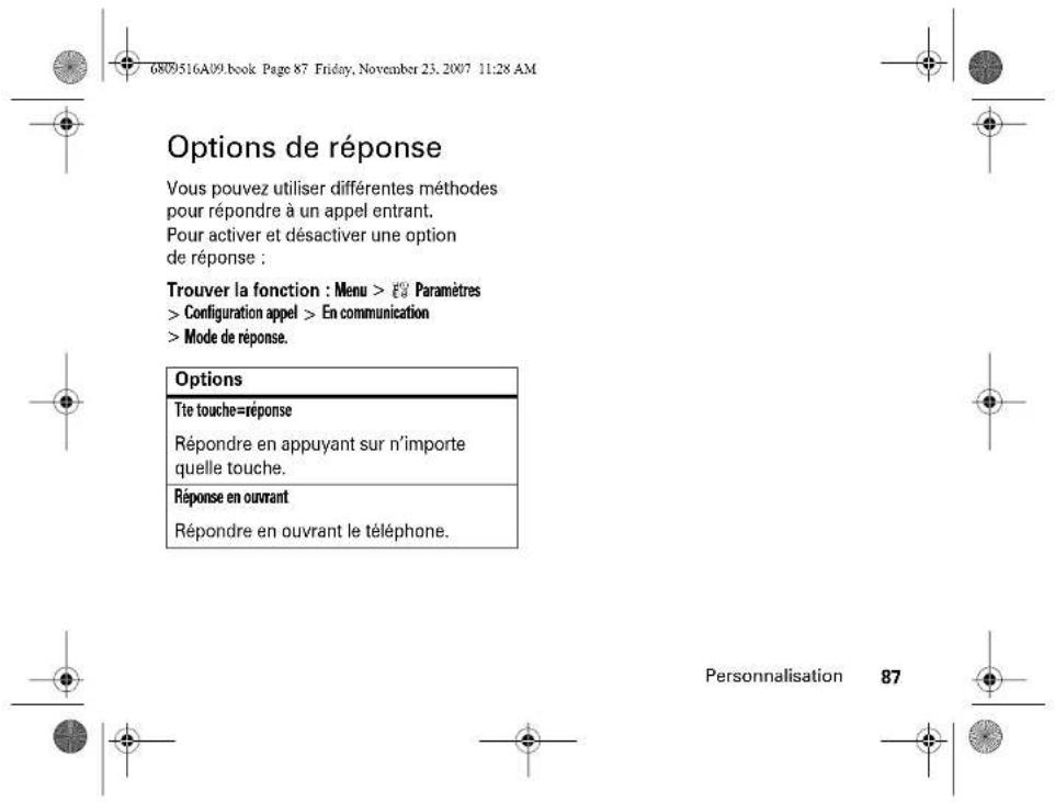 6809516A09.book Page 87 Friday, November 23, 2007 11:28 AM Options de réponse Vous pouvez utiliser différentes méthodes pour répondre à un appel entrant. Pour activer et désactiver une option de réponse : Trouver la fonction : Menu > Paramètres > Configuration appel > En communication > Mode de réponse. Options Tte touche=réponse Répondre en appuyant sur n'importe quelle touche. Réponse en ouvrant Répondre en ouvrant le téléphone. Personnalisation 87