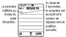 Le caractère s'affiche au niveau du point d'insertion. AUTO MESSAGE 765 Au bout de 2 secondes, le caractère est accepté et le curseur se déplace vers la position suivante. OK SUPPR.