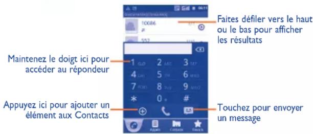 Faites défiler vers le haut ou le bas pour afficher les résultats Maintenez le doigt ici pour accéder au répondeur Appuyez ici pour ajouter un élément aux Contacts Touchez pour envoyer un message