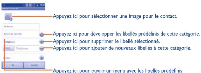 Appuyez ici pour sélectionner une image pour le contact. Appuyez ici pour développer les libellés prédéfinis de cette catégorie. Appuyez ici pour supprimer le libellé sélectionné. Appuyez ici pour ajouter de nouveaux libellés à cette catégorie. Appuyez ici pour ouvrir un menu avec les libellés prédéfinis.
