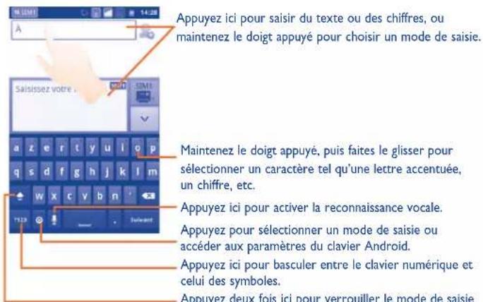 Appuyez ici pour saisir du texte ou des chiffres, ou maintenez le doigt appuyé pour choisir un mode de saisie. Maintenez le doigt appuyé, puis faites le glisser pour sélectionner un caractère tel qu'une lettre accentuée, un chiffre, etc. Appuyez ici pour activer la reconnaissance vocale. Appuyez pour sélectionner un mode de saisie ou accéder aux paramètres du clavier Android. Appuyez ici pour basculer entre le clavier numérique et celui des symboles. Appuyez deux fois ici pour verrouiller le mode de saisie
