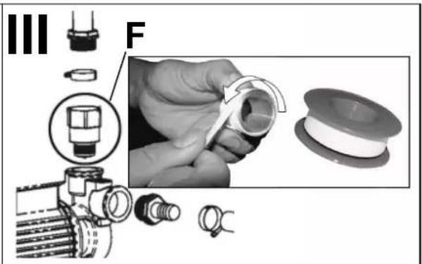 Technical diagram showing assembly of mechanical components with labeled parts and a magnified view of a thread being inserted.