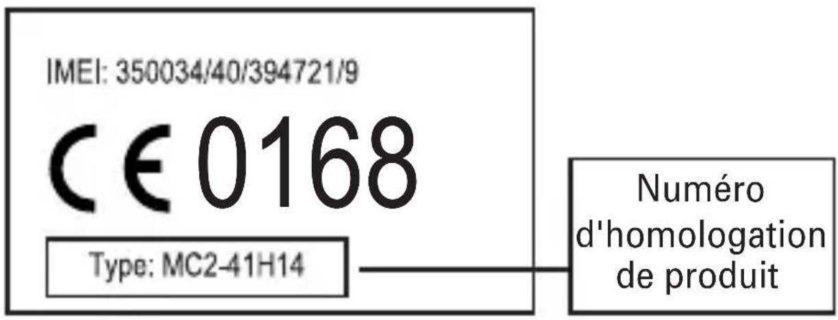 IMEI: 350034/40/394721/9 CE 0168 Type: MC2-41H14 Numéro d'homologation de produit
