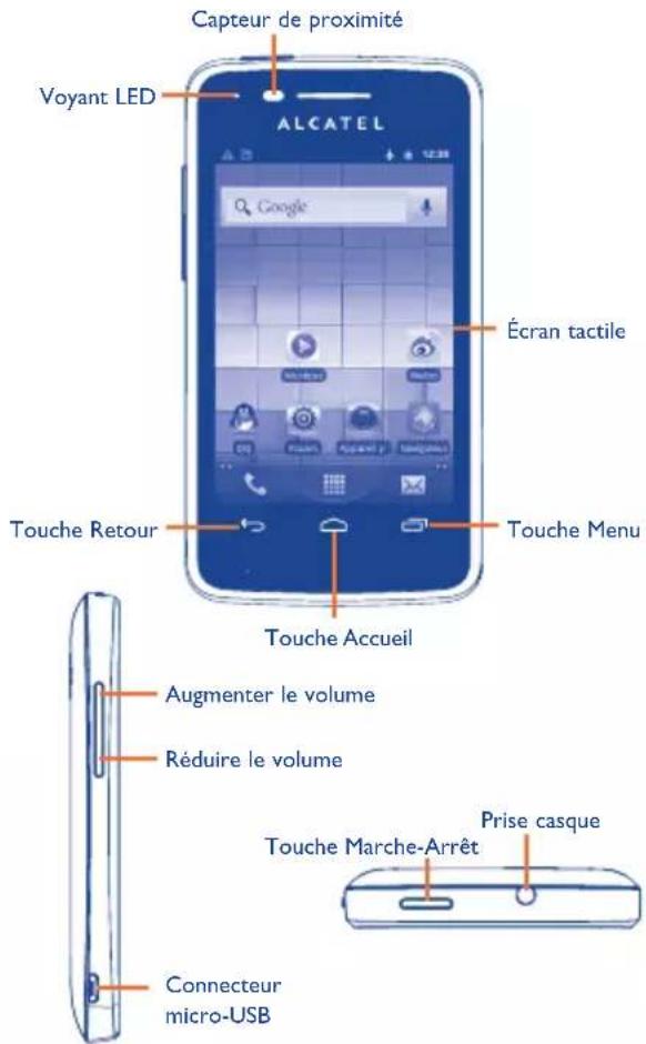 Capteur de proximité Voyant LED ALCATEL Google Écran tactile Touche Retour Touche Menu Touche Accueil Augmenter le volume Réduire le volume Connecteur micro-USB Touche Marche-Arrêt Prise casque