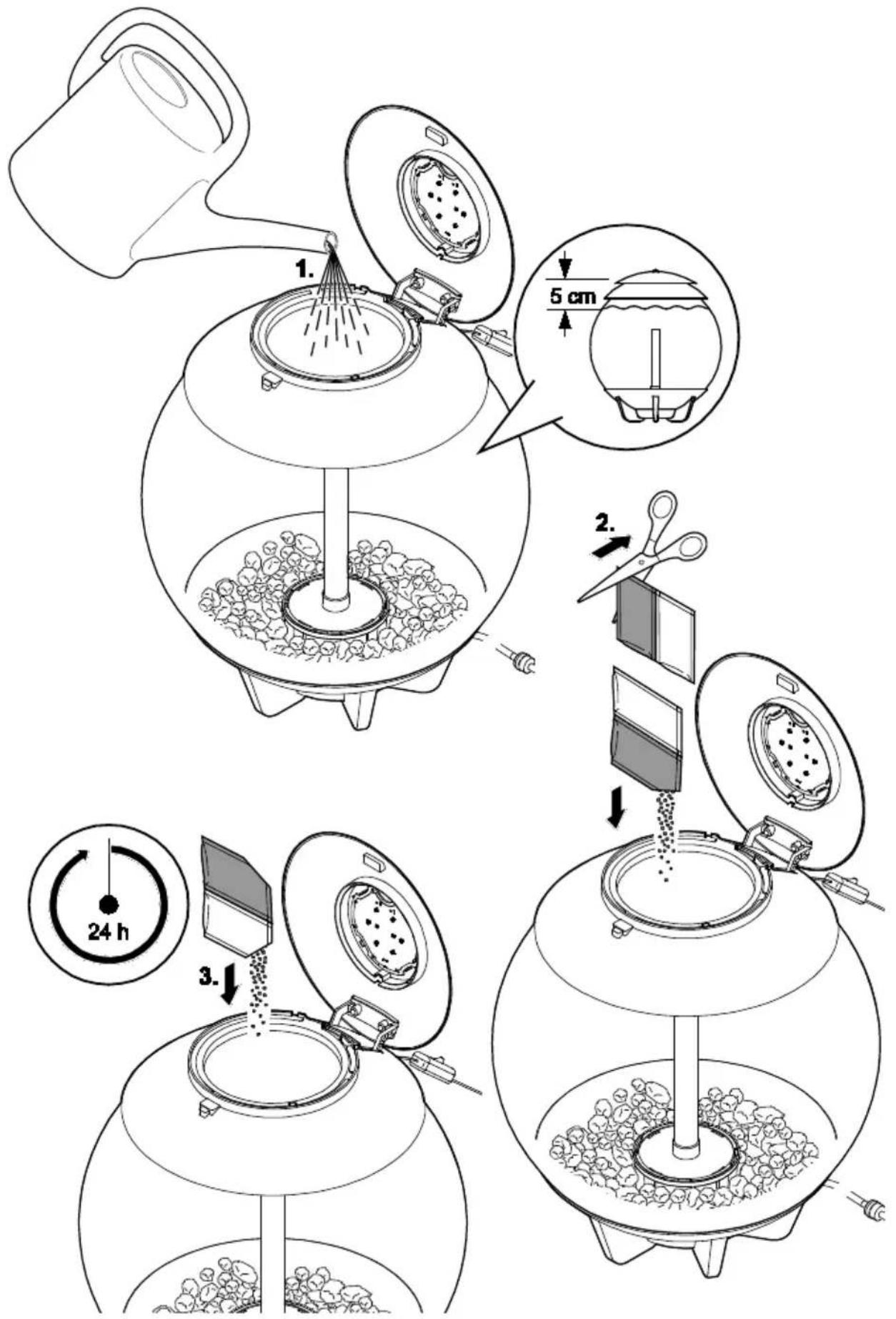 Technical diagram illustrating a food preparation procedure with labeled steps and a 24-hour timer.