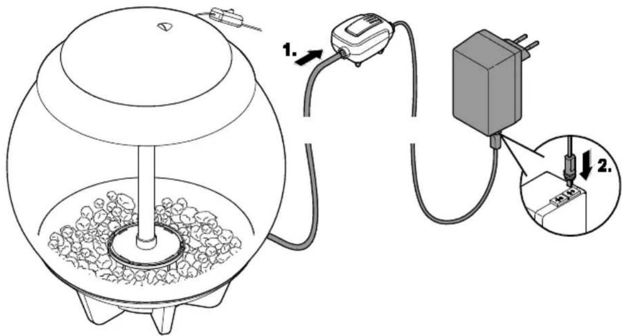 Diagram showing a device setup with labeled components and wiring connections, including a sensor and plug assembly.