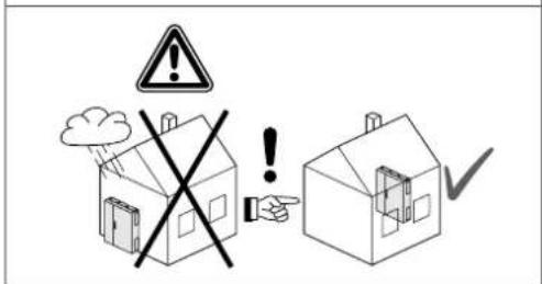 Safety warning sign with exclamation mark and house symbols, indicating incorrect safety rules