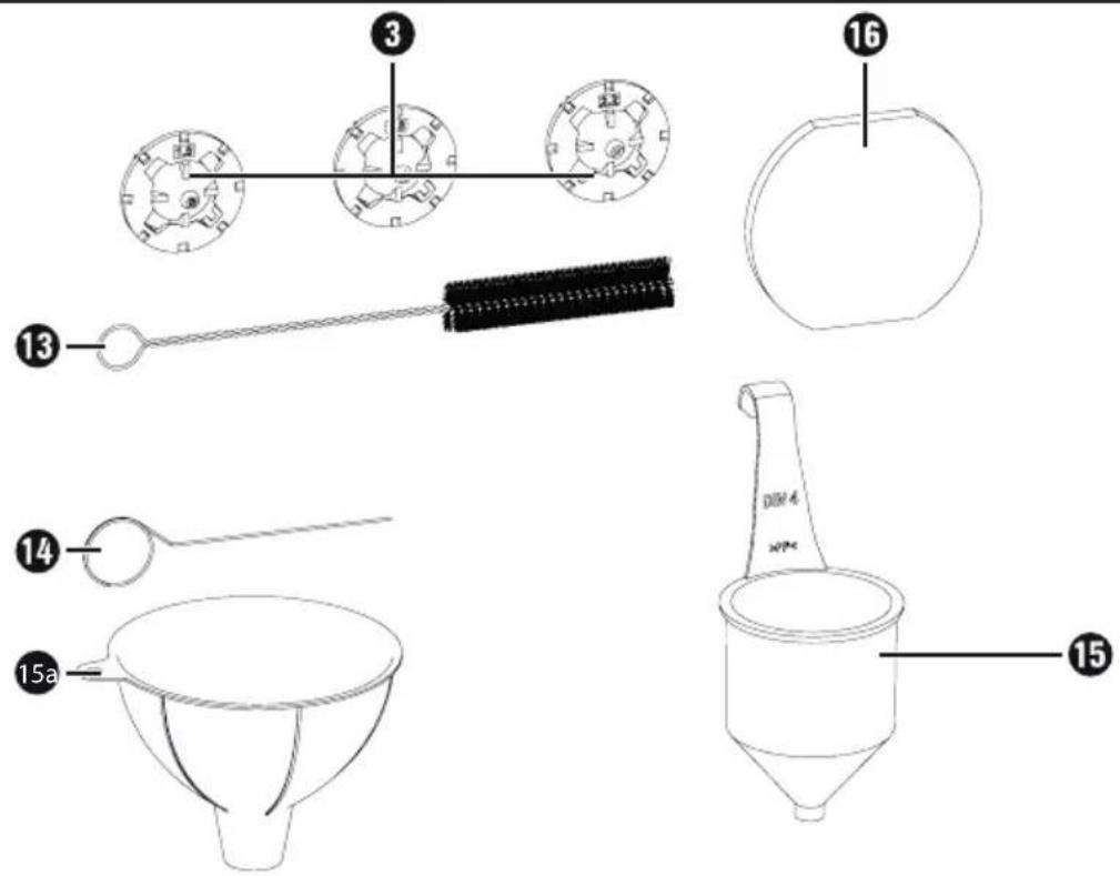Technical diagram showing exploded view of a funnel with labeled parts including weights, parts, and a funnel.