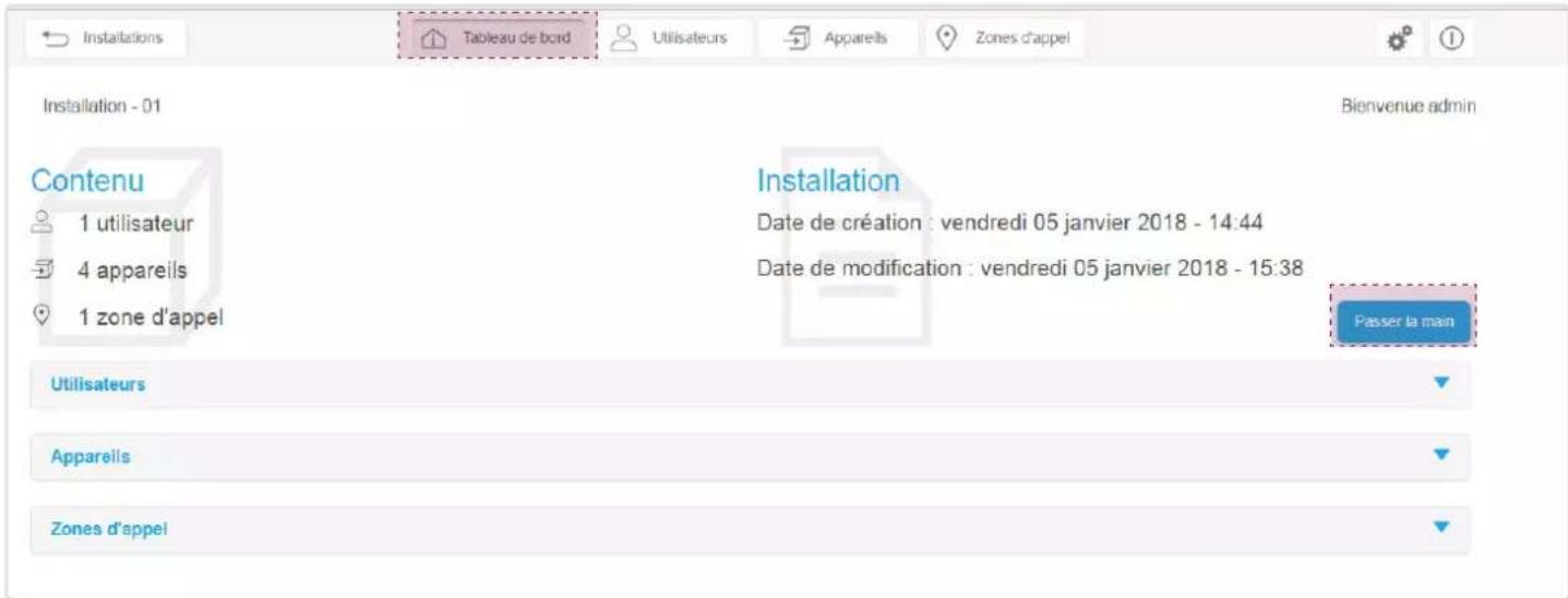 Installations Tableau de bord Utilisateurs Appareils Zones d'appel Installation - 01 Bienvenue admin Contenu 1 utilisateur 4 appareils 1 zone d'appel Installation Date de création : vendredi 05 janvier 2018 - 14:44 Date de modification : vendredi 05 janvier 2018 - 15:38 Passer la main Utilisateurs Appareils Zones d'appel