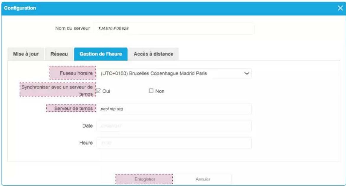 Configuration Nom du serveur TJA510-F0B628 Mise à jour Réseau Gestion de l'heure Accès à distance Fuseau horaire (UTC+0100) Bruxelles Copenhague Madrid Paris Synchroniser avec un serveur de temps Oui Non Serveur de temps pool.ntp.org Date Heure Enregistrer Annuler