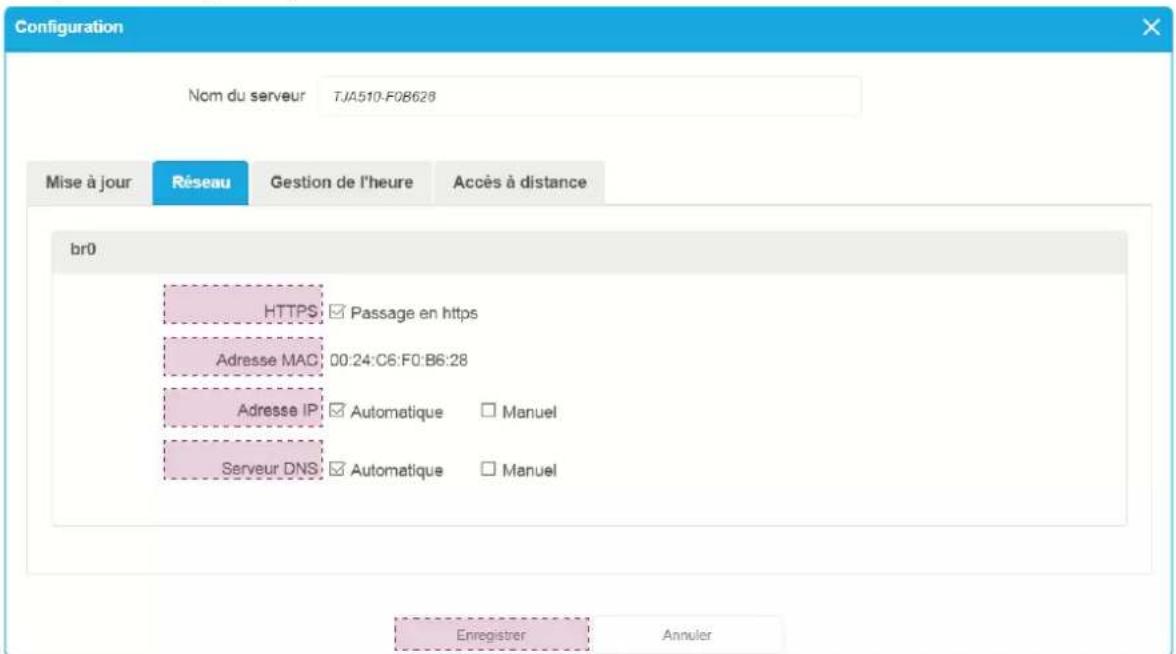 Configuration Nom du serveur TJA510-F08628 Mise à jour Réseau Gestion de l'heure Accès à distance br0 HTTPS: ☑ Passage en https Adresse MAC: 00:24:C6:F0:B6:28 Adresse IP: ☑ Automatique □ Manuel Serveur DNS: ☑ Automatique □ Manuel Enregistrer Annuler
