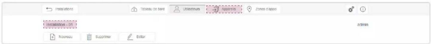 Installations Tableau de bord Unisateurs Apprais Zones d'apool Installation - 01 Nouveau Supprimer Editor admin