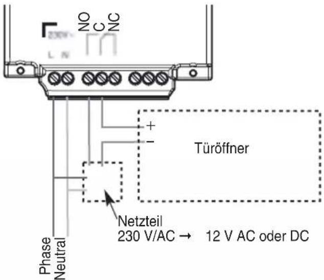 Phase Neutral NO C NC + - Türoffner Netzteil 230 V/AC → 12 V AC oder DC