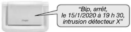 "Bip, arrêt, le 15/1/2020 à 19 h 30, intrusion détecteur X"
