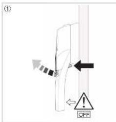 Diagram showing a mechanical or electrical component with directional arrows and a warning symbol labeled 'OFF'