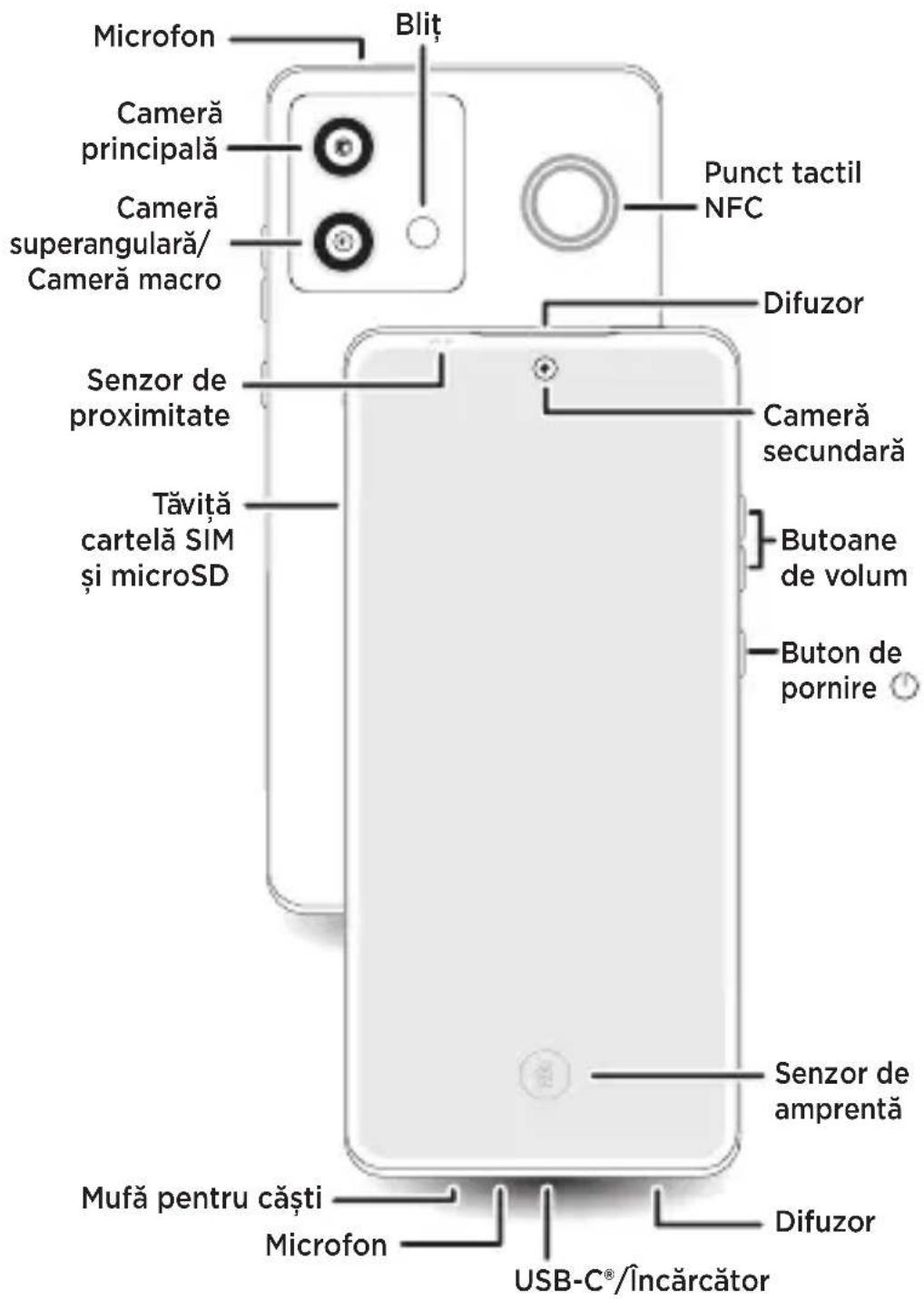 Microfon Bliț Cameraă principală Cameraă superangulară/ Cameraă macro Punct tactil NFC Difuzor Senzor de proximitate Tăviță cartelă SIM și microSD Cameraă secundară Butoane de volum Buton de pornire Senzor de amprentă Mufă pentru căști Microfon Difuzor USB-C®/Încărcător