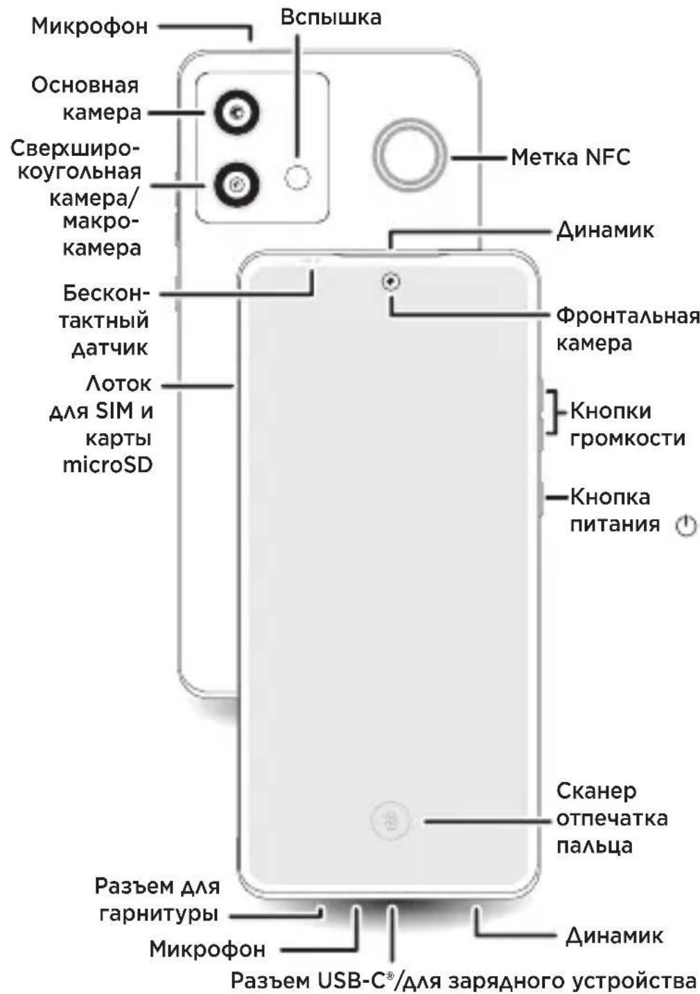 Микрофон Вспышка Основная камера Сверхширо- коугольная камера/ макро- камера Бескон- тактный датчик Лоток для SIM и карты microSD Метка NFC Динамик Фронтальная камера Кнопки громкости Кнопка питания Сканер отпечатка пальца Разъем для гарнитуры Микрофон Динамик Разъем USB-C®/для зарядного устройства