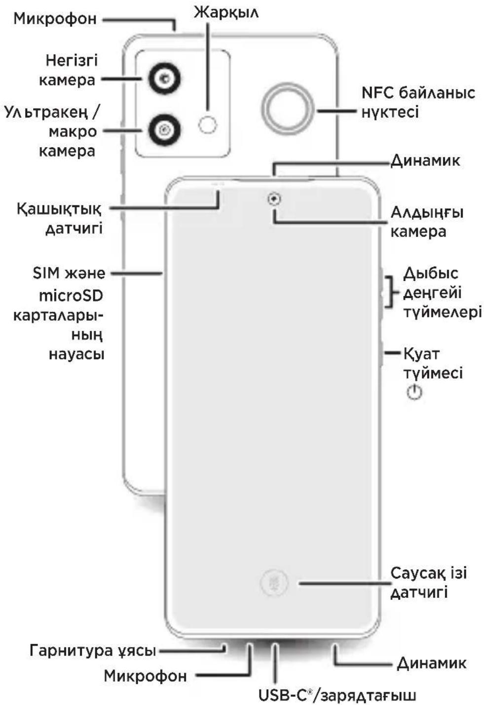 Микрофон Жаркыл Негизгі камера Ультракең / макро камера Кашықтық датчигі SIM және microSD карталары- ның науасы Саусақ ізі датчигі Гарнитура ұасы Микрофон Динамик USB-C®/зарядтағыш Алдыңғы камера Дыбыс денгейі түймелері Куат түймесі