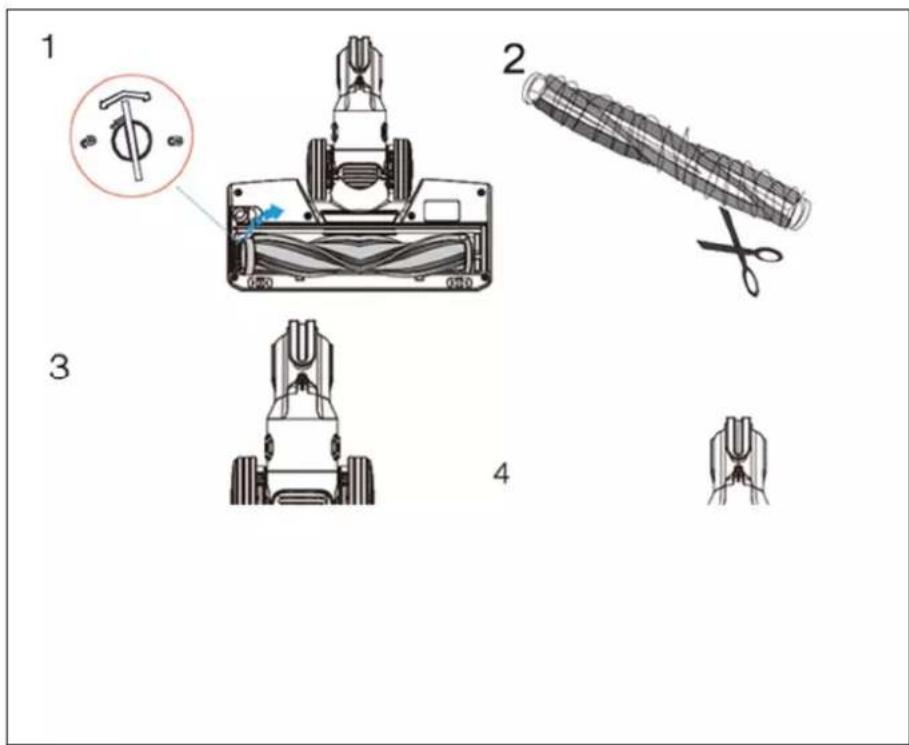 Technical diagram showing four-step assembly steps of a vacuum cleaner, with labeled parts and a magnified inset detail.
