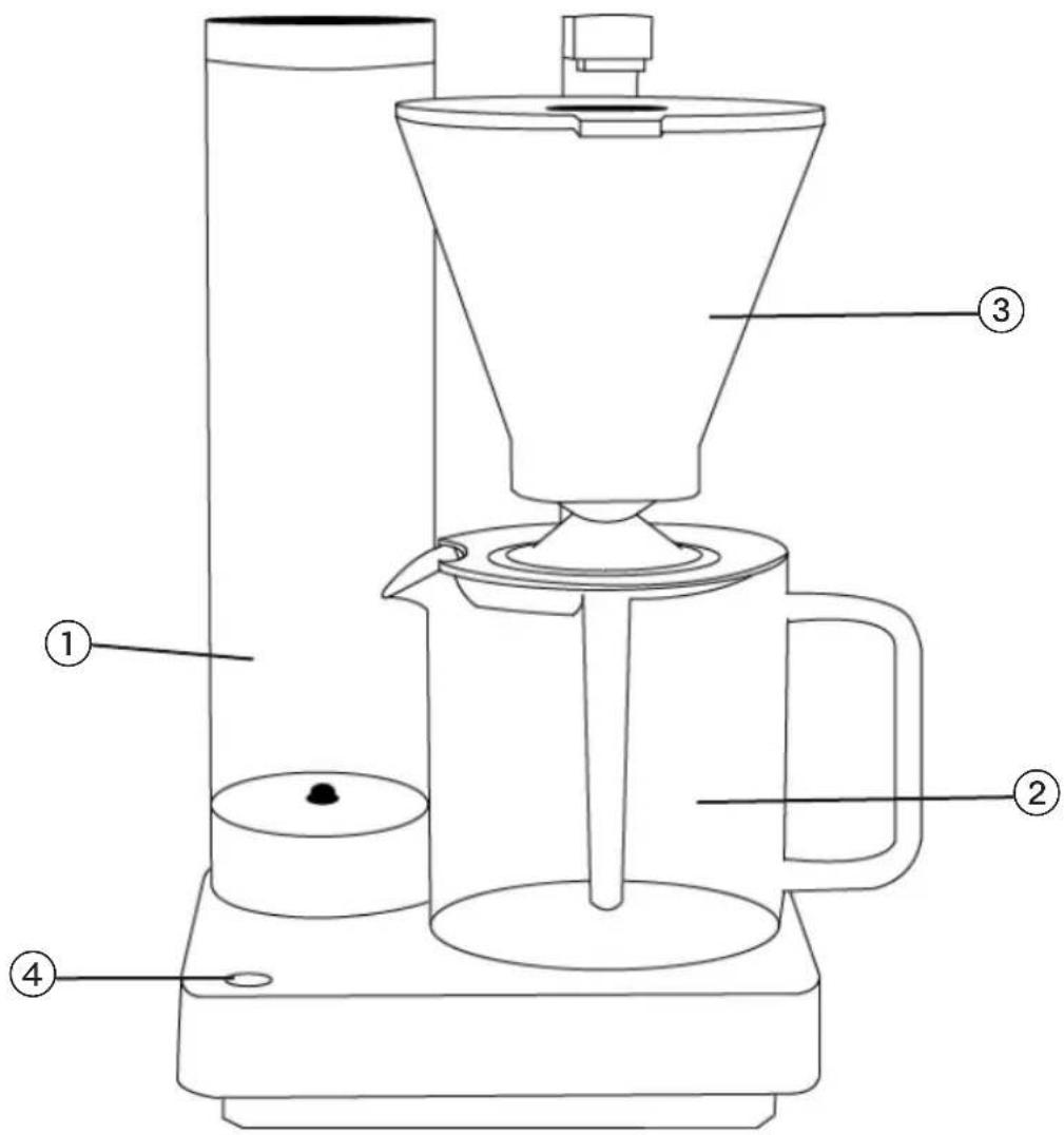 Technical diagram of a coffee maker with numbered parts for identification