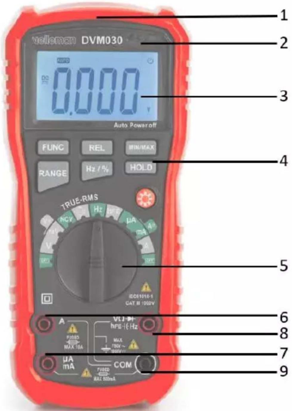 volleman DVM030 DC 0.000 V Auto Power off FUNC REL MIN/MAX RANGE Hz / % HOLD TRUE-RMS A Hz μA mA ICC61916-1 CAT B 1000V A FUJ-M- hFE-H: Hz MAX 750V~ 800V μA mA COM MAX 500mA