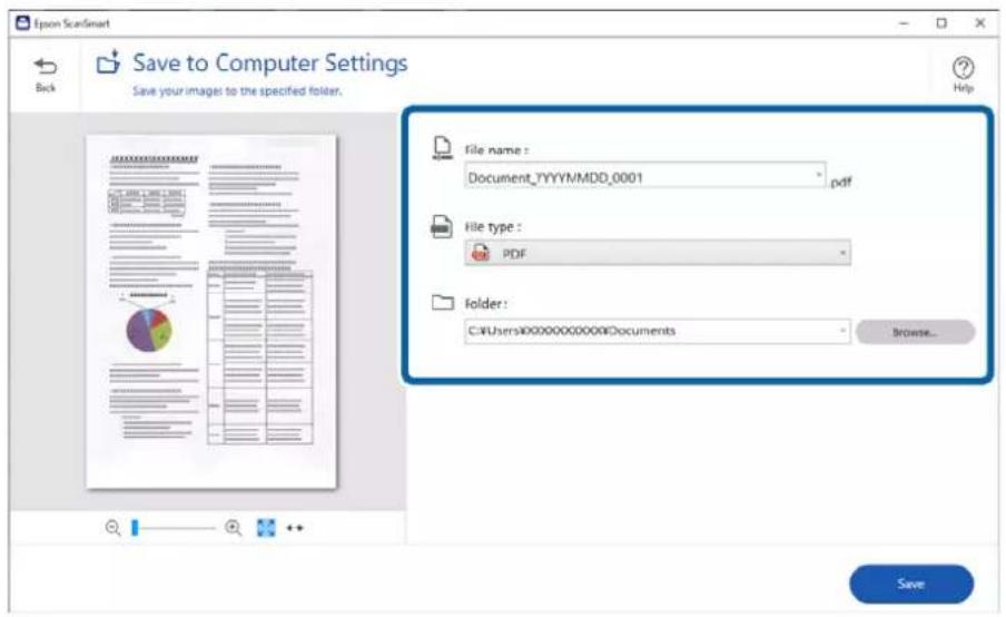 Epson ScanSmart Save to Computer Settings Save your imager to the specified folder. File name : Document_YYYYMMDD_0001 pdf file type : PDF folder: C:\Users\00000000000\Documents Browse... Save