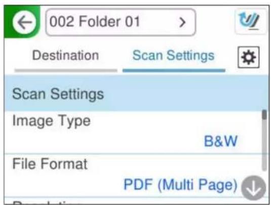 002 Folder 01 Destination Scan Settings Scan Settings Image Type B&W File Format PDF (Multi Page)