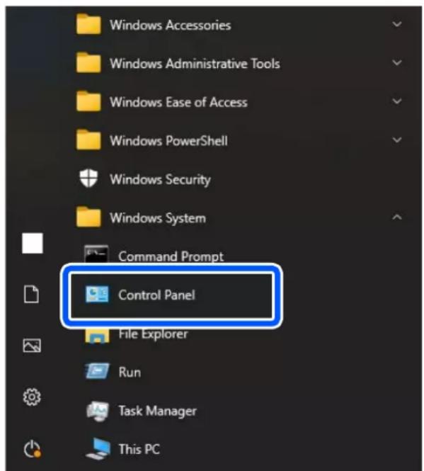 Windows Accessories Windows Administrative Tools Windows Ease of Access Windows PowerShell Windows Security Windows System Command Prompt Control Panel File Explorer Run Task Manager This PC