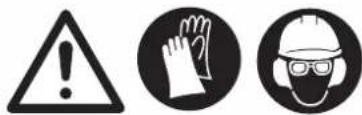 Three safety symbols: warning triangle, hand gesture, and helmet with protective gear