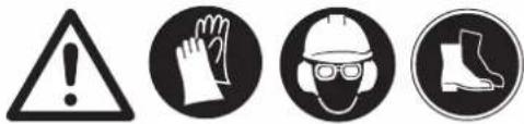 Four black-and-white warning symbols: triangular warning triangle, hand gesture, helmet, and boot