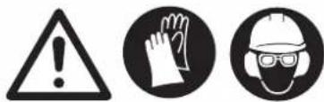 Three safety symbols: warning triangle, hand gesture, and helmet with protective gear