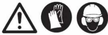 Three safety symbols: warning triangle, hand gesture, and helmet with protective gear