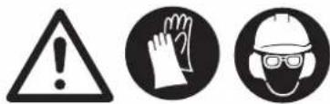 Three safety warning symbols: triangular warning triangle, hand gesture with gloves, and helmet with protective gear.