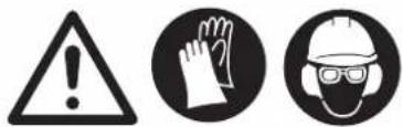 Three safety symbols: warning triangle, hand gesture, and helmet with safety gear