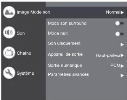 Image Mode son Normal Son Mode son surround Mode nuit Son uniquement Chaîne Appareil de sortie Haut-parleur Sortie numérique PCM Système Paramètres avancés