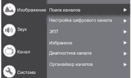 Изображение Поиск каналов Звук Настройка цифрового канала ЭПТ Избранное Канал Диагностика канала Органайзер каналов Система